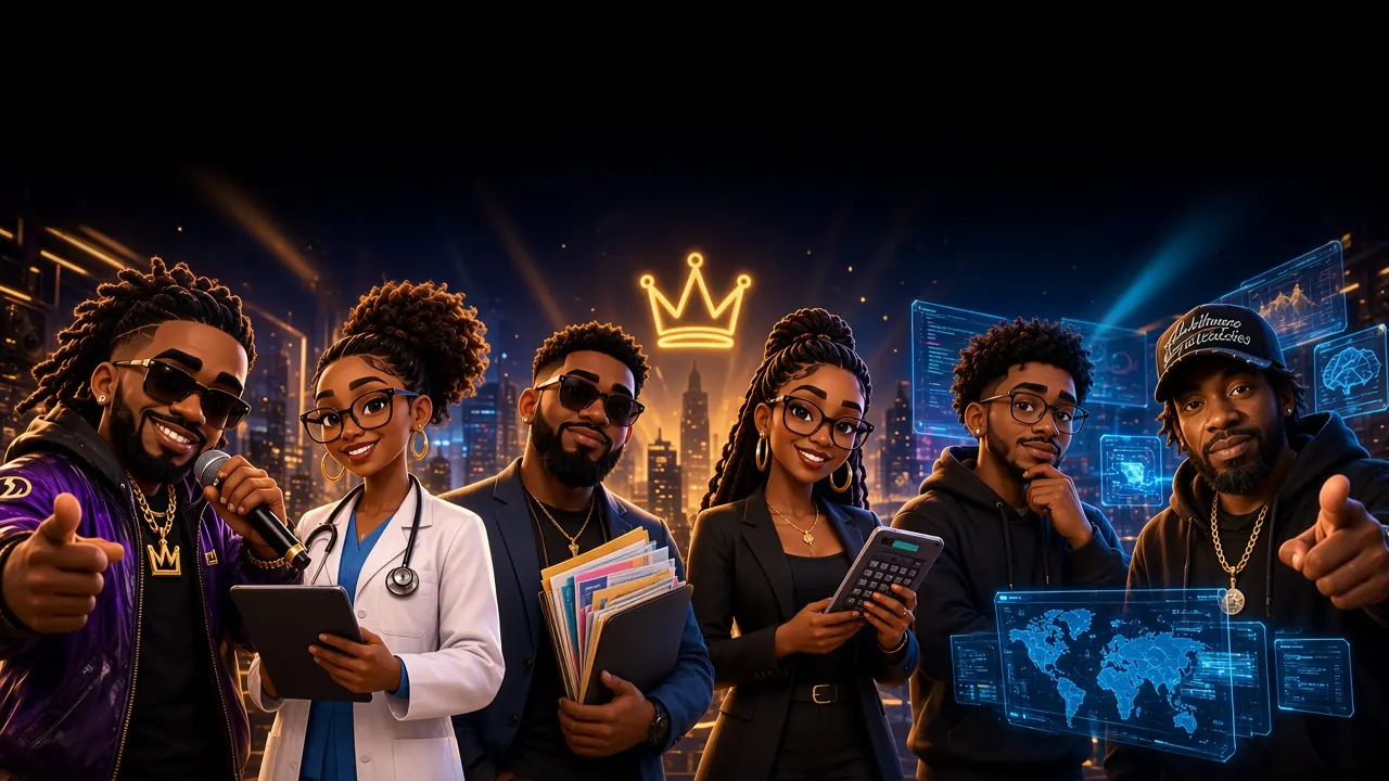 Six illustrated Hip Hop Peoples characters on a neon city street: an artist with a microphone, a doctor, a reentry navigator, an accountant, a tech creator and a systems architect