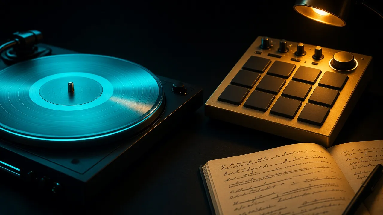 A cyan vinyl record on a turntable beside a gold drum machine and a lyric notebook