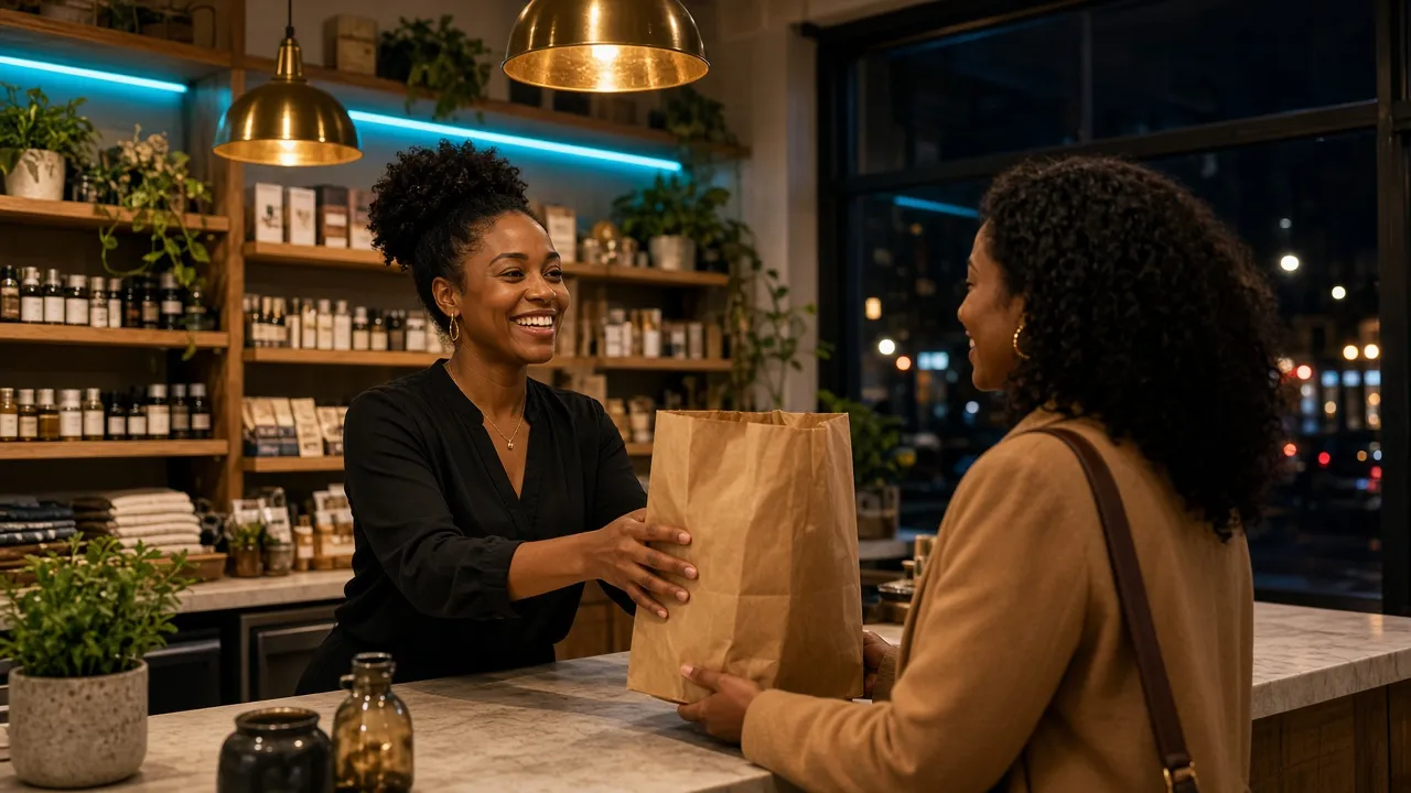 A fictional shop owner handing a bag to a customer in her local store