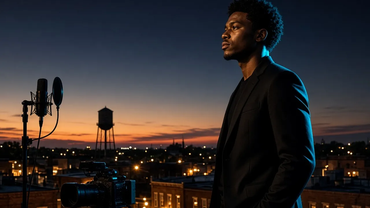 A fictional young creative on a small-town rooftop at dusk beside a microphone, film camera and laptop