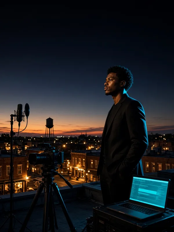 A fictional young creative on a small-town rooftop at dusk beside a microphone, film camera and laptop