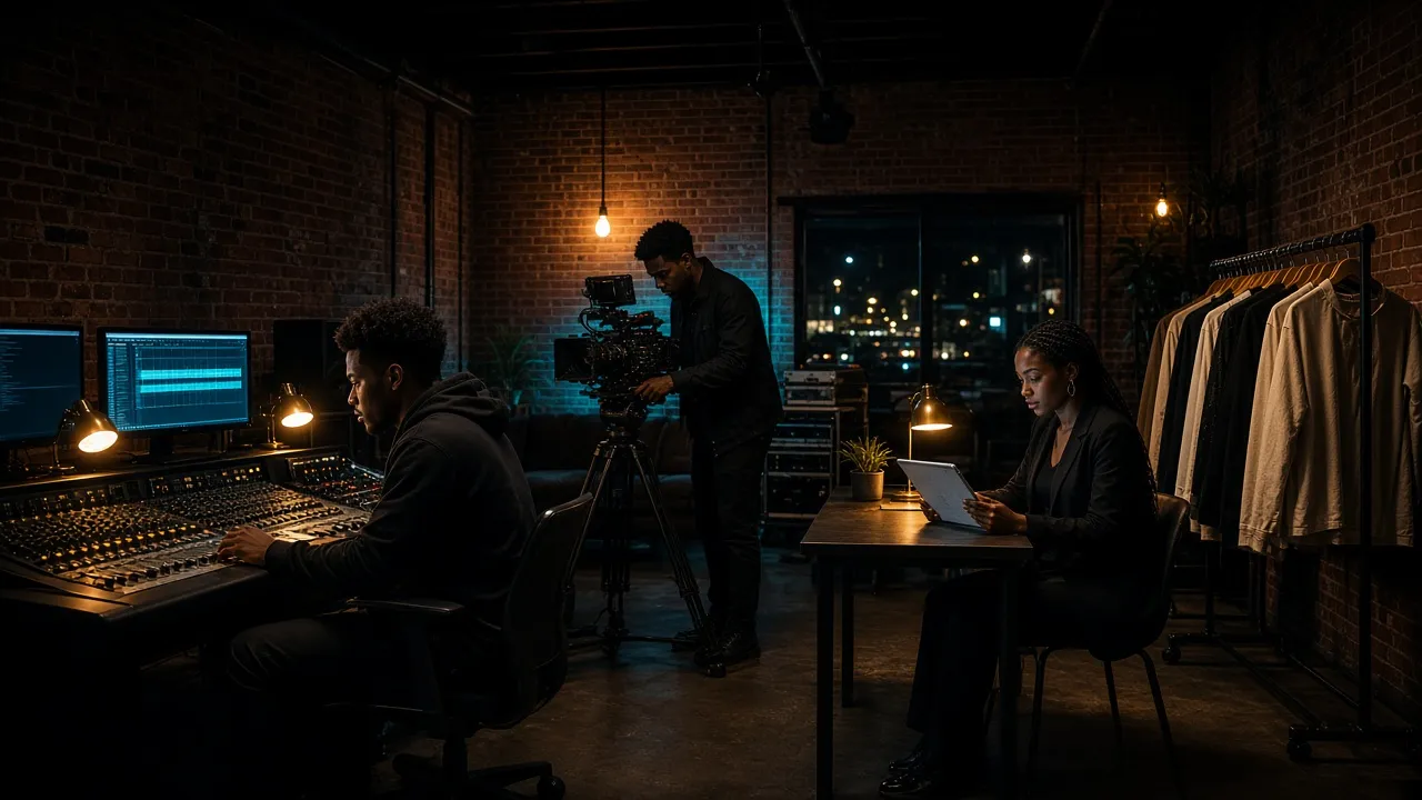 Fictional young creatives working in a brick warehouse studio at night