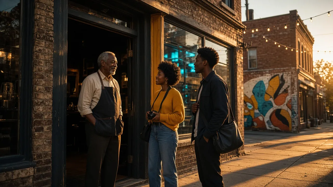 A fictional barber talking with two young creatives outside his shop at golden hour