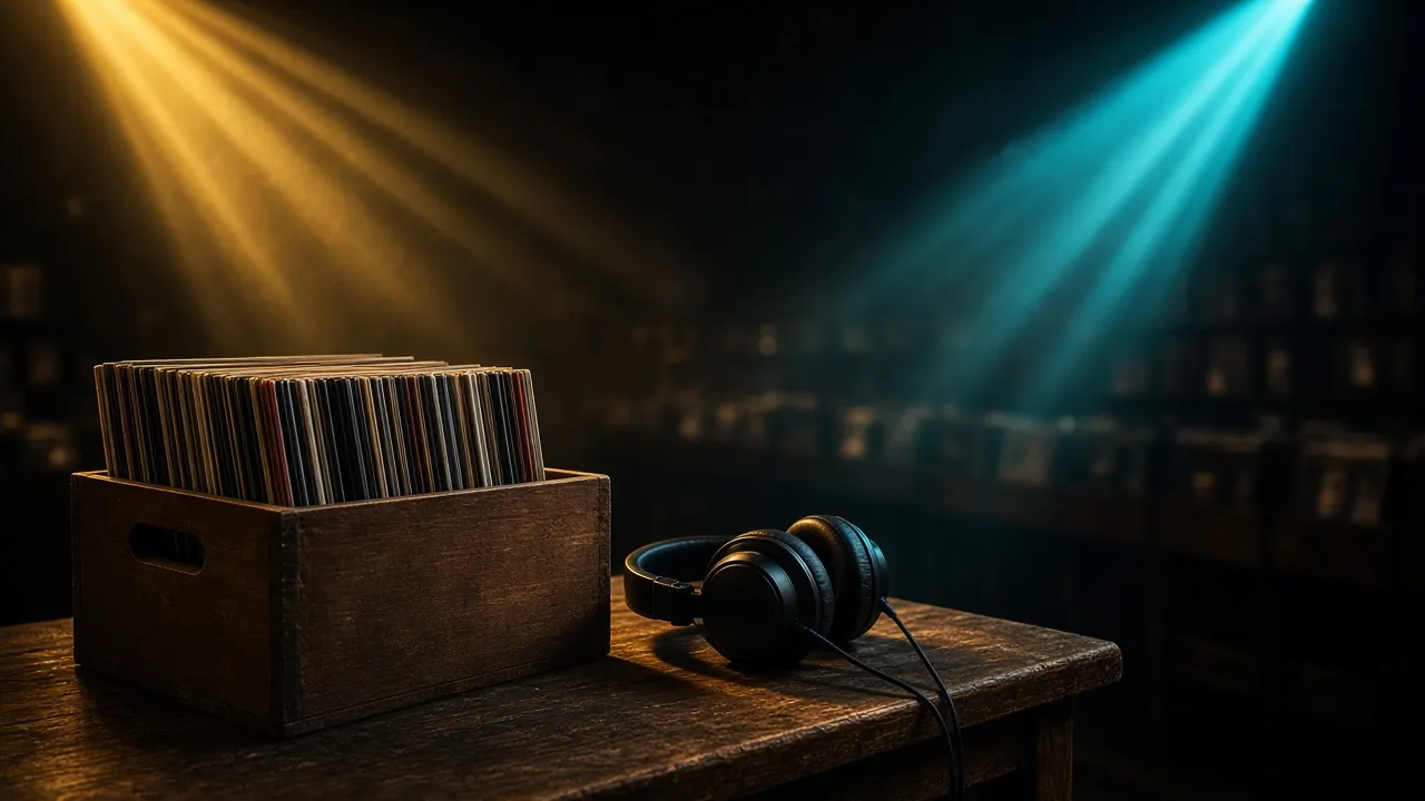 A crate of vinyl records and studio headphones under gold and cyan spotlights
