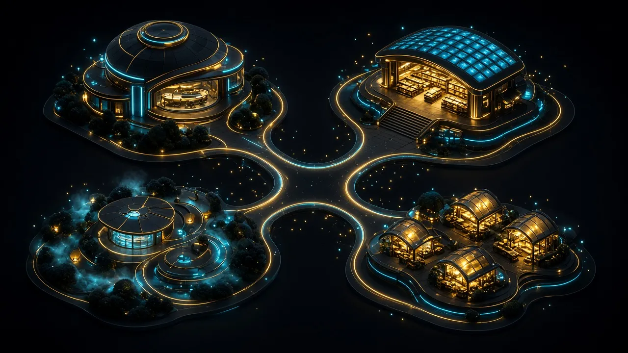 Concept art of a proposed digital neighborhood with glowing studio, library, garden and market buildings