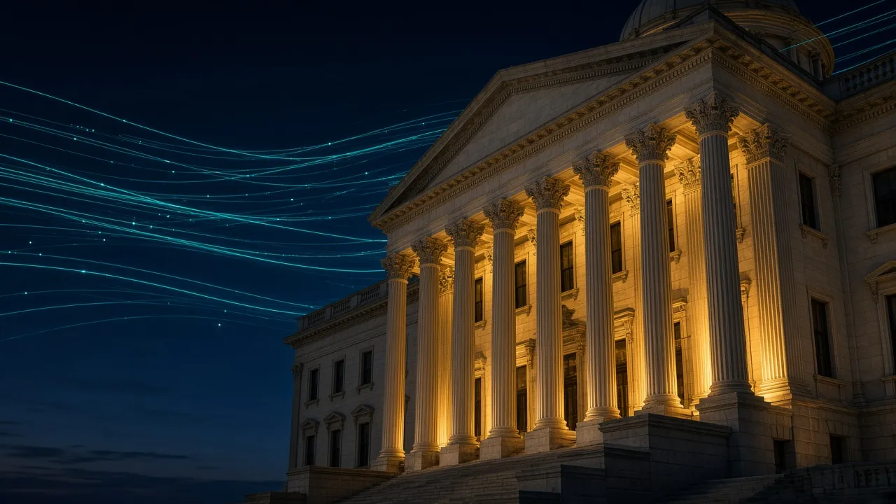 A columned government building lit gold at night with cyan light trails in the sky