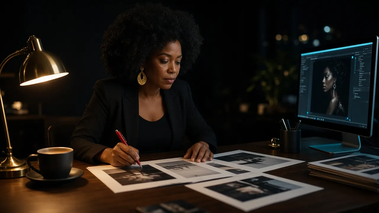 A fictional magazine editor reviewing page proofs at a desk at night