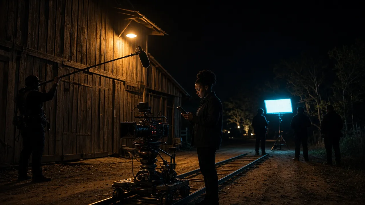 A fictional director checking a monitor on a night film set beside a tobacco barn