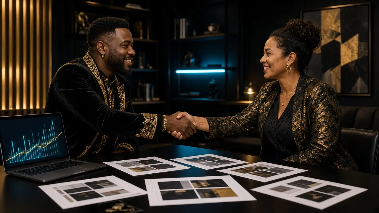 Two fictional people shaking hands over magazine layout proofs in a dark media office