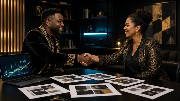Two fictional people shaking hands over magazine proofs