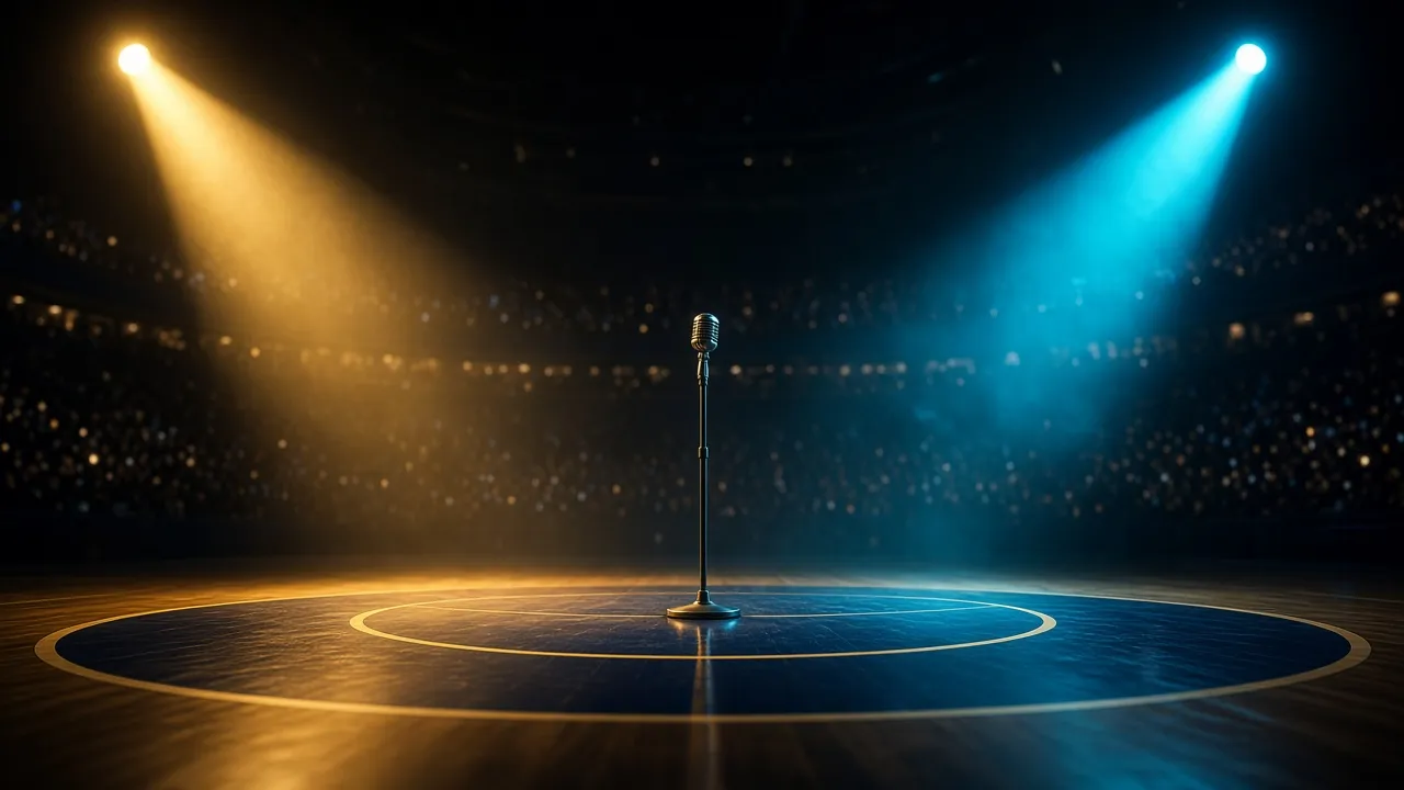 A single microphone on an arena court under gold and cyan spotlights