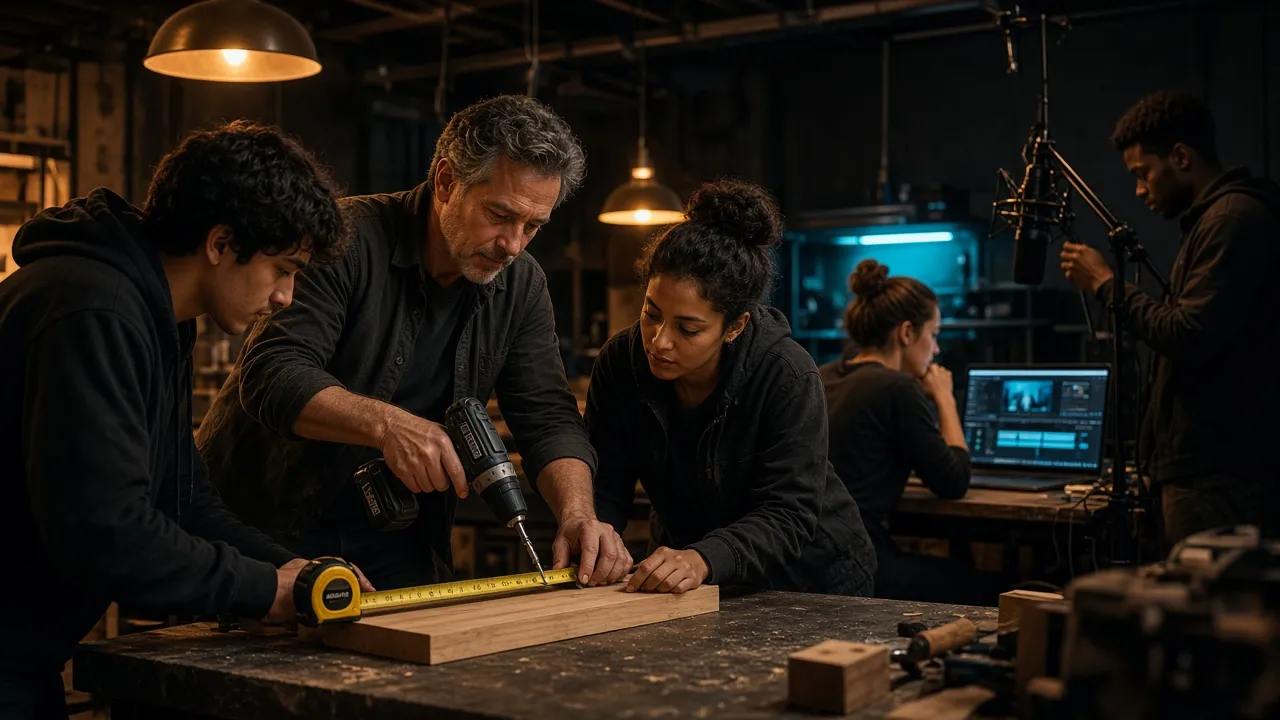 A fictional mentor teaching two young adults carpentry while others edit video and set up a microphone