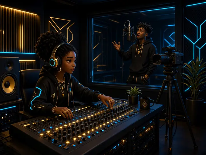 A producer and an artist in a recording studio