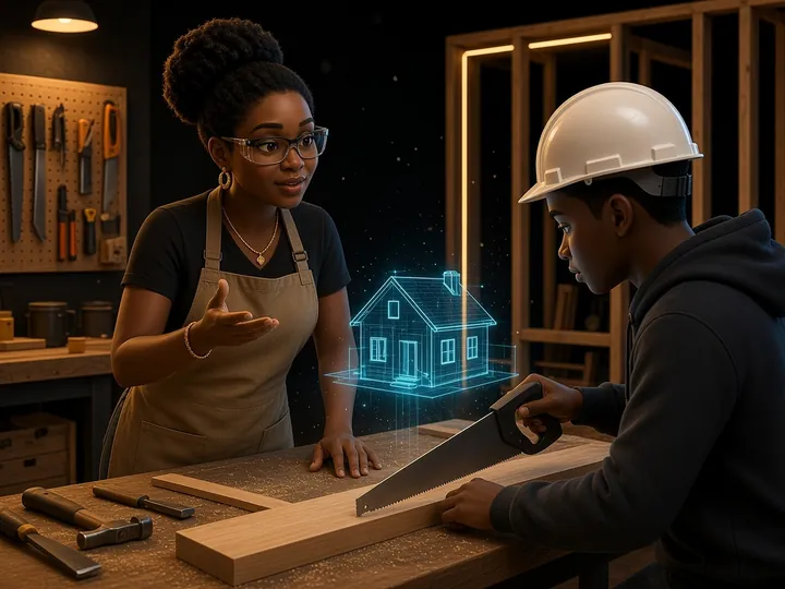 A carpentry instructor guiding a young man at a workshop bench