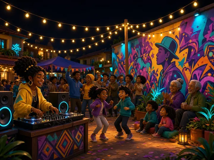A neighborhood block party with a DJ, dancing kids, elders and a mural