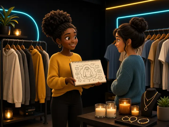 A shop owner in her clothing pop-up