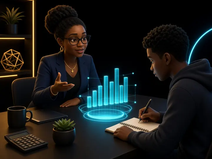 An accountant teaching a young man budgeting basics with a simple chart