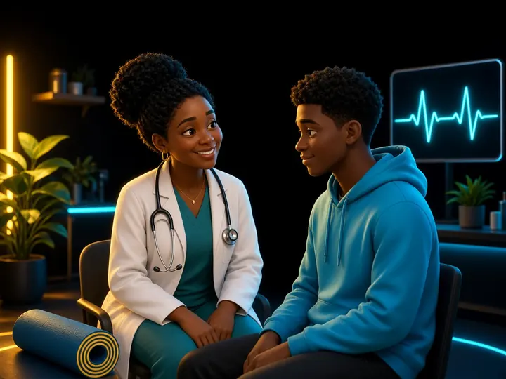 A doctor talking kindly with a young man