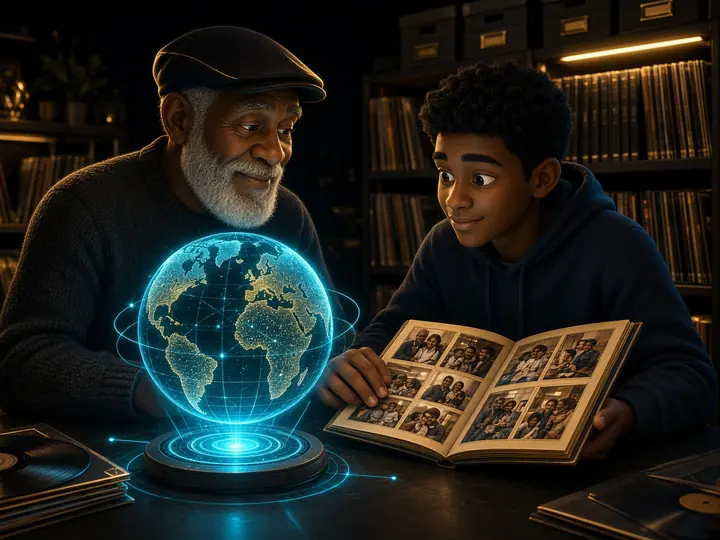 An elder and a teen with a photo album and vinyl archive