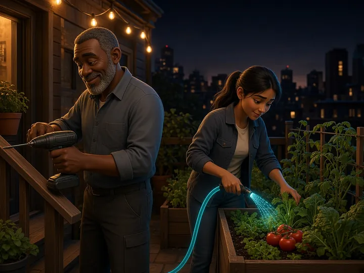 An older man repairing a porch railing while a young woman waters a garden