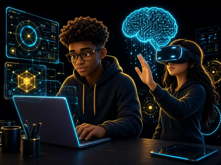 A young man coding beside a young woman using a VR headset