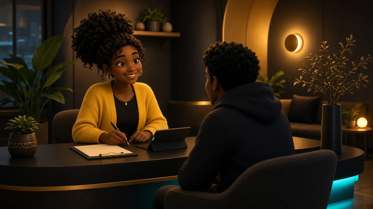 A peer support navigator welcoming a visitor at a community center desk