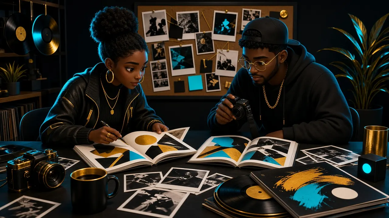 An editor and a photographer reviewing magazine spreads and photo proofs